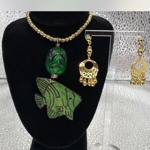 Jade Green  \ Gold Fish Pendant Necklace /  Earring collection ***